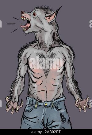 Werwolf brüllen während der Transformation Hand gezeichneten Comic illustration Kunst Stockfoto