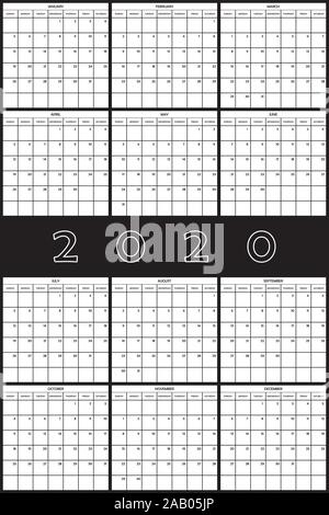 2020 Planer Kalender big editierbare Raum AUF SCHWARZEM HINTERGRUND Stock Vektor