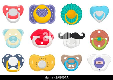 Abbildung auf Thema große farbige Set baby Schnuller, Dummy mit Gummi Nippel. Baby Schnuller aus der Sammlung zu den Neugeborenen, gute dummy Brustwarze. Stock Vektor