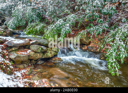 Horizontale Schuß eines Smoky Mountain Stream im Winter. Stockfoto