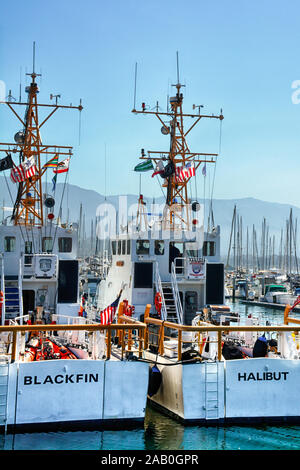 Beeindruckende United States Coast Guards/Küstenwache Boote, der blackfin und den Heilbutt angedockt an den Hafen von Santa Barbara, Santa Barbara, CA Stockfoto