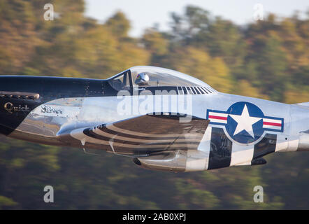 MONROE, NC (USA) - 9 November, 2019: eine P-51 Mustang Jagdflugzeug im Flug bei den Warbirds über Monroe Air Show. Stockfoto