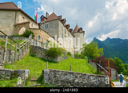 Schweiz, Fribourg, Kanton, Gruyeres Schloss, erbaut 1270-82 Stockfoto