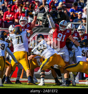 Stanford, Kalifornien, USA. 23 Nov, 2019. Stanford Kardinal versucht, einen zusätzlichen Punkt während der NCAA Football Spiel zwischen den Kalifornien goldenen Bären und der Stanford Cardinal bei Stanford Stadium in Stanford, Kalifornien zu blockieren. Chris Brown/CSM/Alamy leben Nachrichten Stockfoto