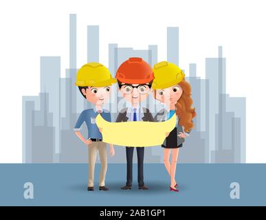 Business Characters Engineering Vektorkonzept. Geschäftlicher Charakter des Ingenieurs und Architekten im Baustellenstand, in der Planung und im Bestand Stock Vektor