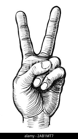 Hand zeigen V anmelden. Tinte schwarz und weiß Skizze Stockfoto