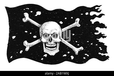 Piratenflagge mit totenkopf und gekreuzten knochen. Tinte schwarz-weiss Zeichnung Stockfoto