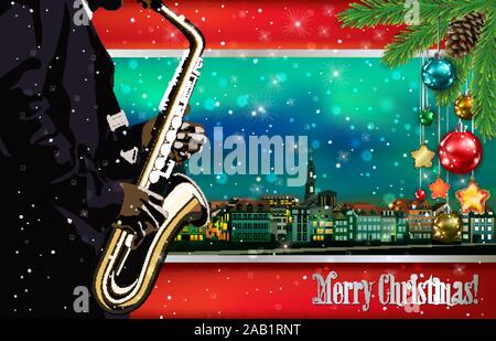 Weihnachten grün rot Abbildung mit Saxophon Spieler auf Stadtbild von Heidelberg Hintergrund Stock Vektor