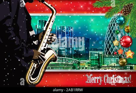 Weihnachten grün rot Abbildung mit Saxophon Spieler auf stadtbild von London Hintergrund Stock Vektor