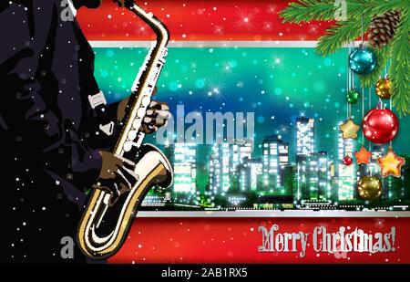 Weihnachten grün rot Abbildung mit Saxophon Spieler auf stadtbild von Vancouver Hintergrund Stock Vektor