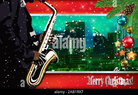 Weihnachten grün rot Abbildung mit Saxophon Spieler auf stadtbild von Tallinn Hintergrund Stock Vektor