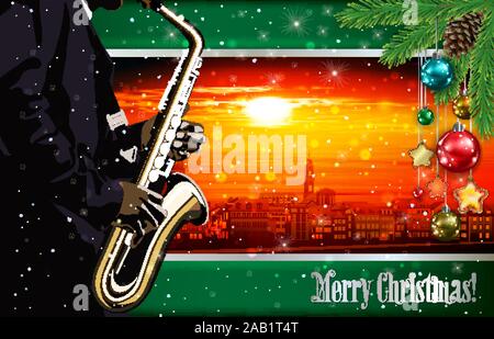 Weihnachten rot grün Illustration mit Saxophon Spieler im Stadtbild von Heidelberg Hintergrund Stock Vektor