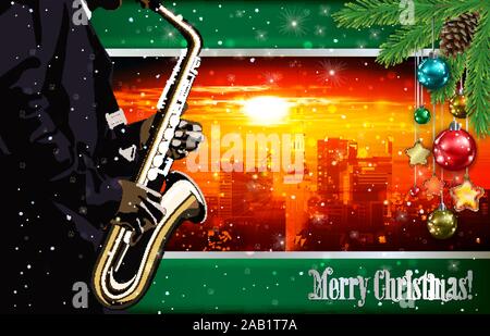 Weihnachten rot grün Illustration mit Saxophon Spieler auf stadtbild von Tallinn Hintergrund Stock Vektor