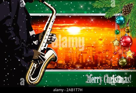 Weihnachten rot grün Illustration mit Saxophon Spieler auf stadtbild von Vancouver Hintergrund Stock Vektor