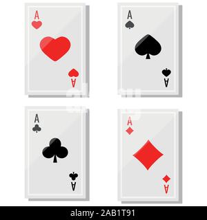 Ass Spielkarten Symbole Vektor mit Schatten auf weißem Hintergrund. Stock Vektor