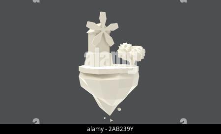 3D-Rendering einer Windmühle und Baum Cartoon auf Land isoliert Stockfoto