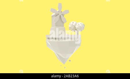 3D-Rendering einer Windmühle und Baum Cartoon auf Land isoliert Stockfoto
