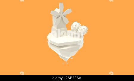 3D-Rendering einer Windmühle und Baum Cartoon auf Land isoliert Stockfoto