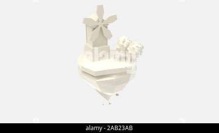 3D-Rendering einer Windmühle und Baum Cartoon auf Land isoliert Stockfoto