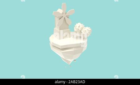 3D-Rendering einer Windmühle und Baum Cartoon auf Land isoliert Stockfoto
