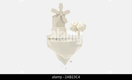 3D-Rendering einer Windmühle und Baum Cartoon auf Land isoliert Stockfoto