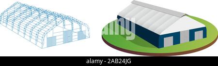 Markise Planen Zelt temporäre Drahtgestell Ausstellung Tunnel Halle Flugzeug Hangar. Scheune Bau Gebäude Industrielager Karkasse. Vektor-isometrische 3d-Illustration Stock Vektor