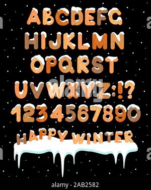 ABC-Set von lateinischen Buchstaben, Zahlen und Symbole mit Holz Textur und Schnee Kappen. Kindisch cartoon Alphabet mit Eiskappen für Weihnachten und Winter Meere Stock Vektor
