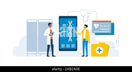 Arzt und Patient können Sie über medizinische Anwendungen für Diagnose und einen DNA Test zu Krankheiten, innovative healthcare Konzept erkennen Stock Vektor