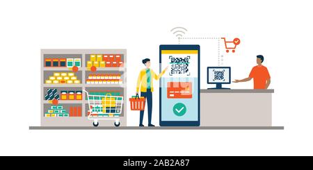 Frau tun, Einkaufen und mit ihrem Smartphone für mobiles Bezahlen an der Kasse Stock Vektor