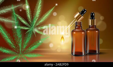 Low Poly 3D medizinisches Marihuana öl Blatt. Medizinische Schmerztherapie Konzept legalisieren. Cannabis Cannabis Medizin Glasflasche Symbol. Pipette transparent Stock Vektor
