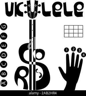 Ukulele Akkorde Logo. Hand, Finger, Tabelle und Buchstaben für Akkorde. Beschriftung des Wortes Ukulele, Akkorde und Instrument. Hawaiian guitar. Stock Vektor