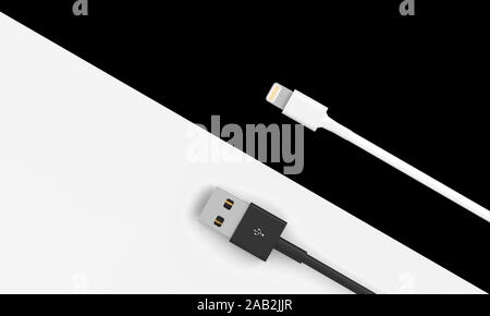 Weiß und Schwarz usb-Kabel auf einem 2-farbigen Hintergrund in Flach Stil. 3D-Rendering Stockfoto