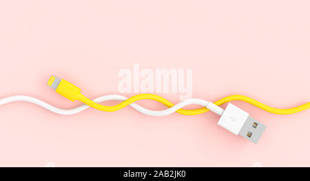 Kabel uns weiß und gelb zwischen Ihnen auf einem rosa Hintergrund miteinander verflochten. 3D-Bild. Verbindung Konzept