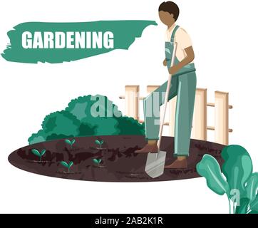 Man gräbt Löcher für die Samen in den Garten. Grüne Büsche und Zaun für den Hintergrund. Gartenarbeit Vektor Stock Vektor