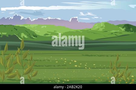 Die pastorale Landschaft von grünen Feld mit Teeblättern im Vordergrund. Berge und bewölkter Himmel. Vektor Stock Vektor