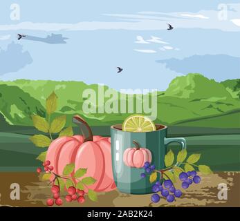 Herbst gemütliche Komposition mit Tasse heiße Schokolade mit Marshmallows. Rote und blaue Beeren und Kürbisse. Grüne Berge und bewölkter Himmel mit Vögeln. Org Stock Vektor