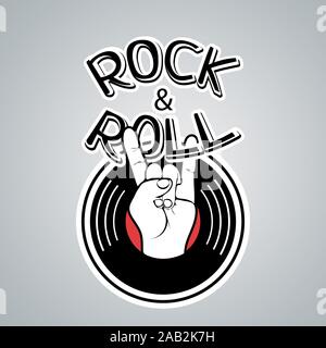 Rock und Roll Logo, Vintage musikalische Symbol, cartoon Hand zeichnen. Schwarz, Rot, Weiß, Zeichen, Symbol Geste Hörner Vinyl Disc und Buchstaben auf g isoliert Stock Vektor