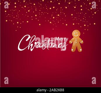 Frohe Weihnachten Grußkarten mit Lebkuchen Männer cookie, Sterne und funkelt Dekorationen auf roten Hintergrund. Vektor Stock Vektor