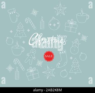 Frohe Weihnachten Verkauf Discount Card mit Weihnachten umrissen Dekorationen. Handschuhe, Kerzen, Baum, Kaffee, Geschenkboxen und Lebkuchen Cookies. Vektor Stock Vektor