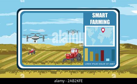 Smart Farming Banner mit Wireless unbemannte Drohnen und Traktoren im Feld. Grüne Berge im Hintergrund. Grafik, Welt Verbreitung der Technologie. Stock Vektor