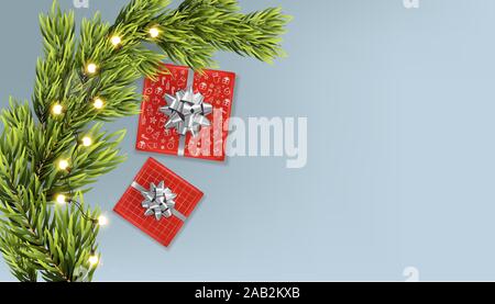 Frohe Weihnachten Banner mit Goldband Geschenkbox, tanne baum Blätter und warmen Lichtern. Silberner Hintergrund Vektor Stock Vektor