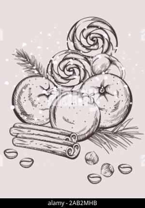 Weihnachten snacks Komposition mit Zimtstangen, orange Früchte, tanne baum Blätter, Lutscher, Kaffeebohnen. Skizze Skizze stil Vektor Stock Vektor