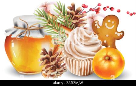 Weihnachten aquarell Dekorationen mit Krug Honig Nadelbaum Kegel, tanne Blätter, Nussbaum Cupcakes, orange, rote Beeren, Baumwolle, Zimtstangen und Ingwer Stock Vektor