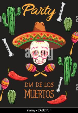 Mexikanischen Tag der Toten Party mit festlichen Dekorationen. Totenkopf mit Blumen und sombrero Hut. Knochen, Kaktus, hot pepper und bunte Maracas. Schwarz bac Stock Vektor