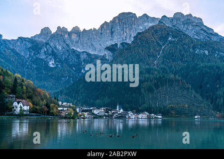 Panoramablick auf den Lago di Alleghe See in den italienischen Dolomiten mit Enten schwimmen auf dem Wasser Stockfoto