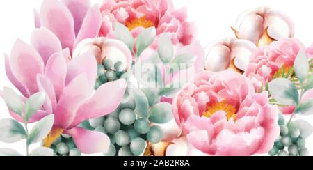 Aquarell Flower Bouquet mit grünen Blättern, rose Magnolia, Baumwolle und Pfingstrose Blüten. Vektor Stock Vektor