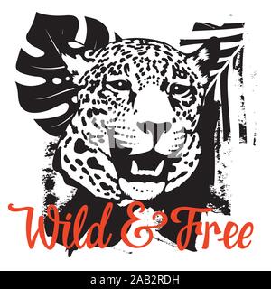 T-Shirt und Kleid Design mit einem Leoparden Kopf, Wild und Frei kalligraphische Inschrift und tropische Blätter. Graphic Tee Konzept Stock Vektor