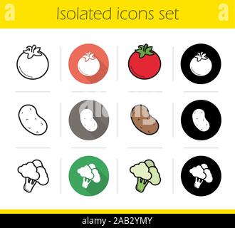Gemüse Symbole gesetzt. Flache Bauweise, linear, Schwarz und Farbe. Tomaten, Kartoffeln und Brokkoli. Isolierte Vektorgrafiken Stock Vektor