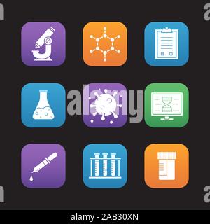 Science Laboratory Werkzeuge flach Design Icons einstellen. Mikroskop, Molekül und Atom Struktur, medizinische Tests Checkliste und jar, Pipette mit Drop, Reagenzglas Stock Vektor