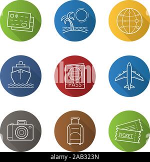Urlaub und Reisen Flachbild lineare lange Schatten Symbole gesetzt. Kreditkarten, Tropical Island, Globus Modell, Kreuzfahrtschiff, Reisepass, Flugzeug, Foto, Kamera, Sui Stock Vektor